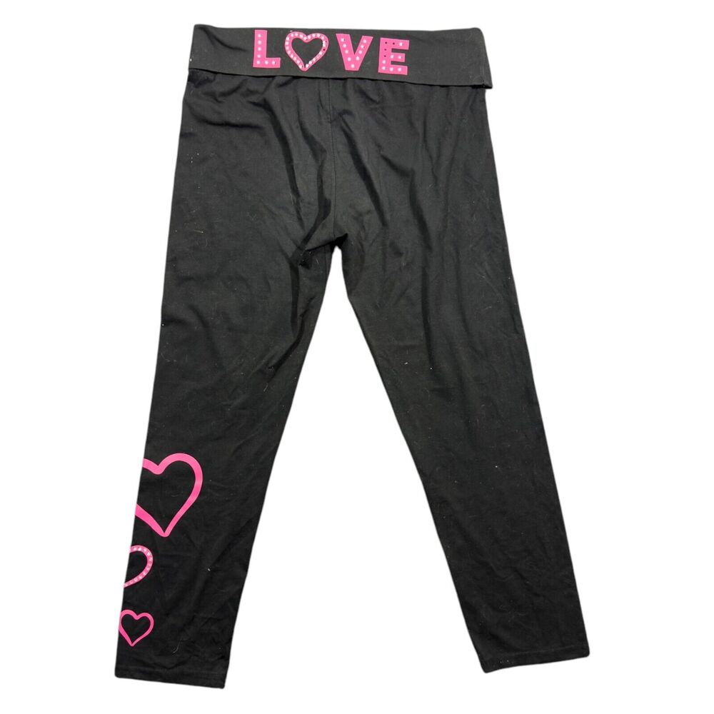 Paris Angel Love Hearts Pink Pants Women's XL Black Rhinestones Yoga Athleisure